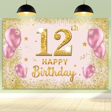 Happy 12th Birthday Backdrop Banner - 46.8x70.8 Inch Pack of 1 , Gold Pink