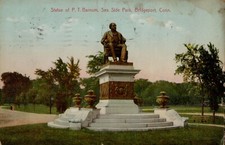 Statue PT Barnum Sea Side Park Bridgeport CT German Made Postcard Posted 1909