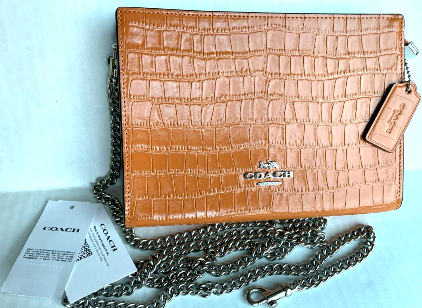 COACH CR237 Slim Crossbody Bag Embossed Croc Leather/Orange/Metal Strap/$298/NWT