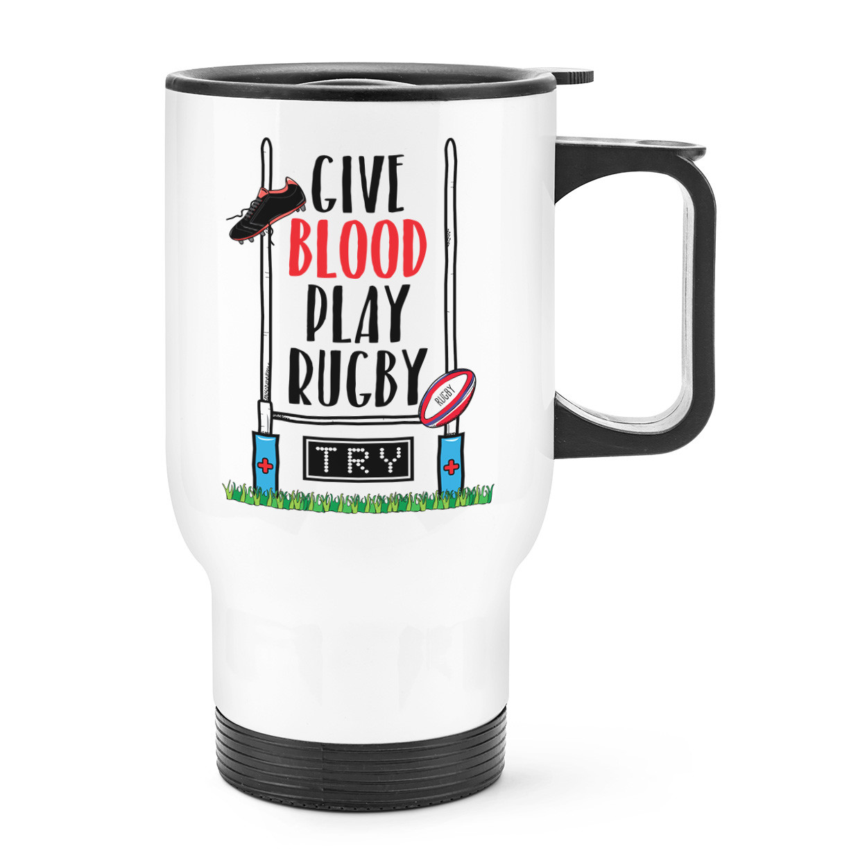 Give Blood Play Rugby Travel Mug Cup With Handle - Funny League Union Sport