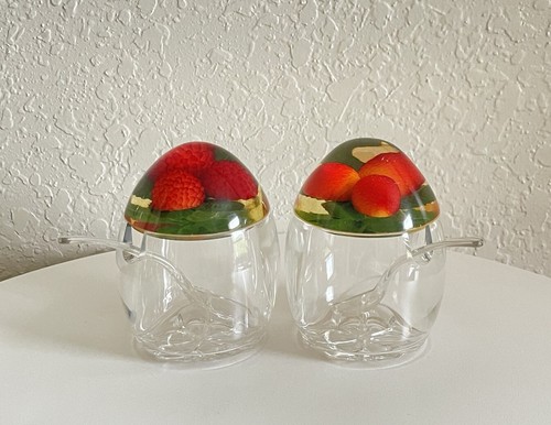 Vintage Lucite Condiment Jars by Stokes Perspex w/Fruit Enclosed Lids & Spoons. - Picture 2 of 8