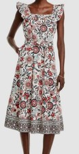T Tahari Women's White Ruffle Trim Lined Cotton Self-Tie Midi Dress Size 10
