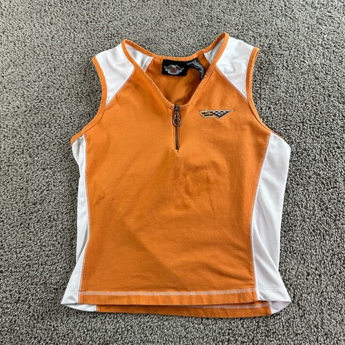 Harley Davidson Shirt Girls Large Orange White 1/4 Zip Sleeveless Biker Girls - Picture 2 of 10