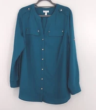 Charter Club Blouse Women's Size 1X Teal Blue Long Sleeve Roll Tab Sleeves 