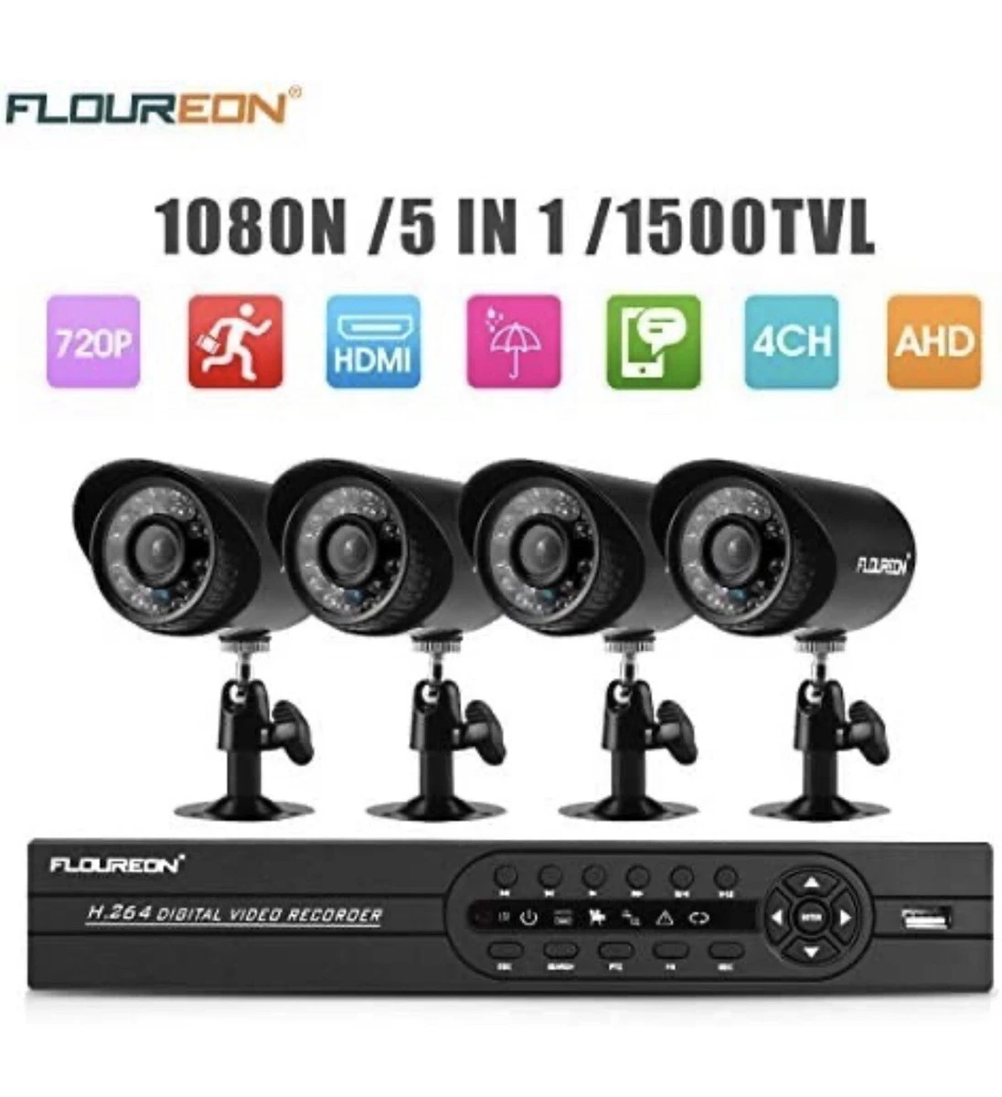 FLOUREON House Camera 4CH DVR Home Security System 1080N AHD DVR 4 X Outdoor 1