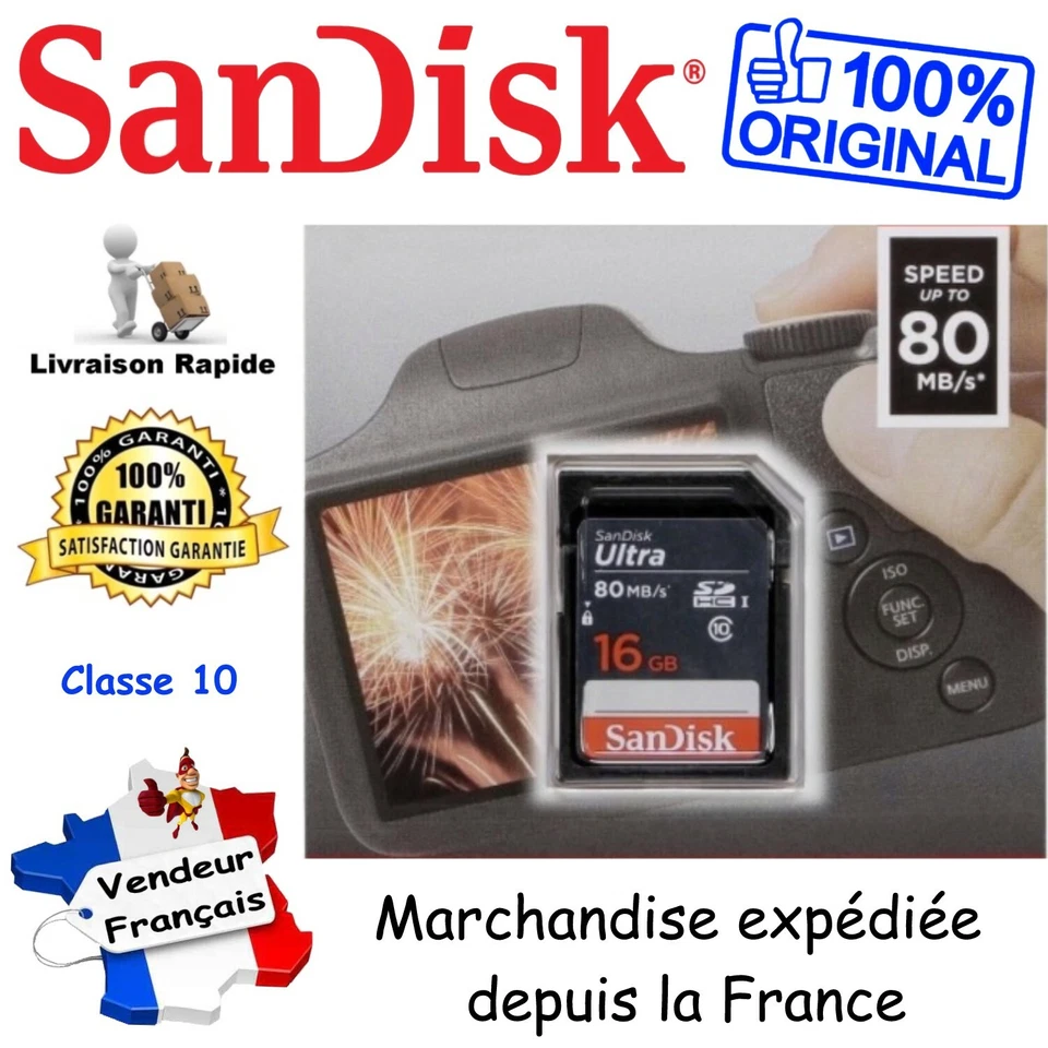 SANDISK Carte Mémoire SD SDHC 16 Go ( Gamme Ultra Lite 80 Mo/s UHS-I Classe 10 ) - Photo 1/1
