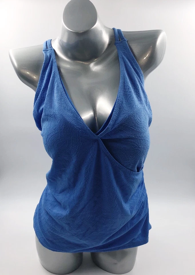 Tropical Escape Tankini Swimsuit Top Plus Size 20 Blue Textured Strappy Back NEW - Image 3 of 4