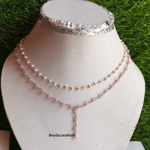 Natural Rose Quartz and White Pearl Rosary Necklace Gemstone Jewelry Gift Her - Picture 1 of 6