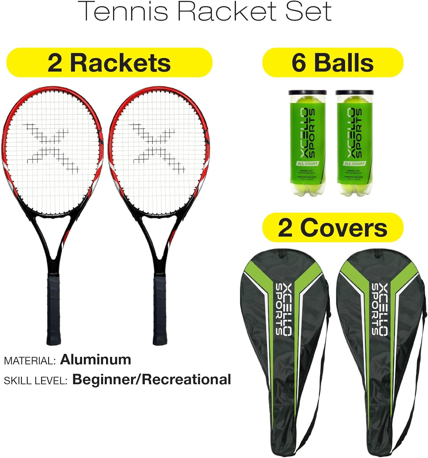 2-Player Aluminum Tennis Racket Set - Includes Two Rackets. Six All ...