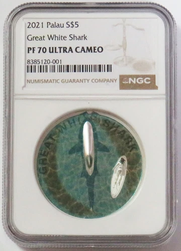 2021 SILVER PALAU $5 GREAT WHITE SHARK COLORIZED 1 OZ COIN NGC PF 70 UC