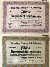 2 x B&uuml;rgerliches Brauhaus Interburg AG - Memelland / Ostpreussen - 1942 - Aktie&nbsp;