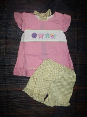 NEW Boutique Beach Crab Seashells Girls Embroidered Tunic & Shorts Outfit Set
