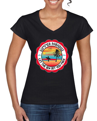 Summer Paradise Let the Sea Set You Free Outdoor Women Standard V-Neck Tee