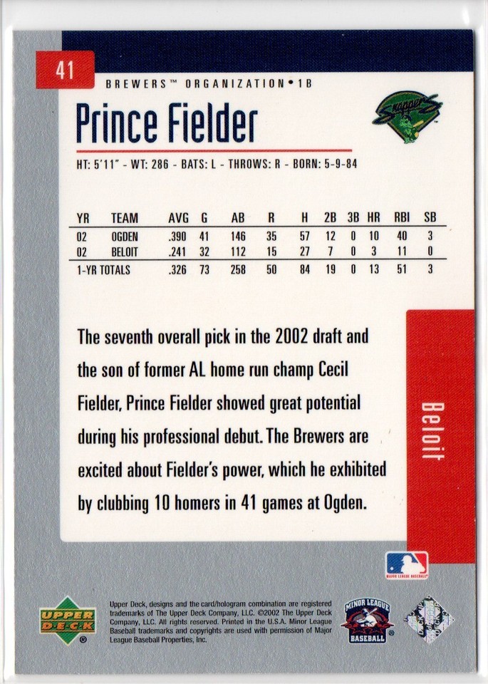 2002 Upper Deck Minor League 41 Prince Fielder eBay
