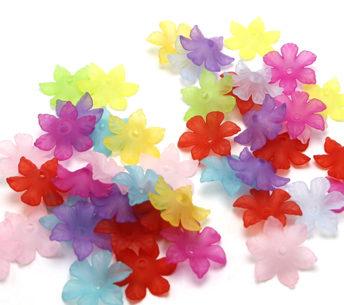 50 Mixed Color Frosted Acrylic 6-Petal Flower Bead Cap 26mm Center Hole Bracelet - Picture 3 of 6
