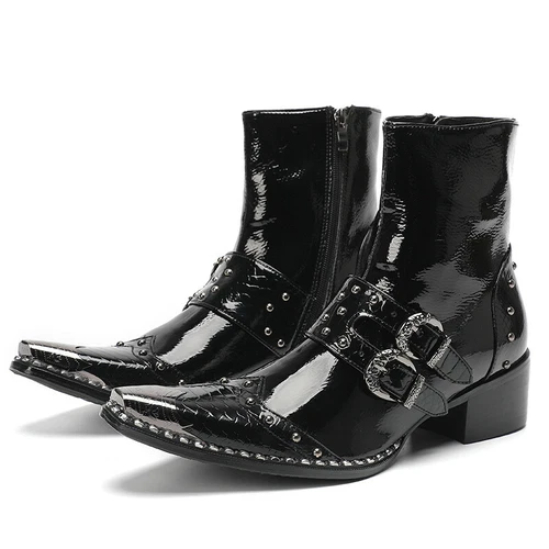Men' S Black Leather Western Boots Motorcycle Boot Punk Rock Riveting Metal Toe - Bild 1 von 9