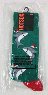 Hot Sox Green Red Shark Santa Hat Men's Socks Fits Shoe Size 6-12 New Sealed
