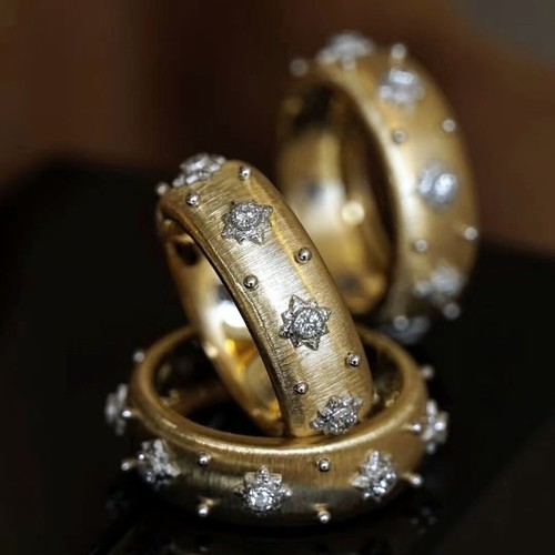 Vintage Italy Satin Texture Natural Diamond Band Women Ring 14K 2-Tone Gold Gift - Picture 3 of 9