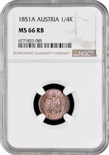 Austria 1/4 kreuzer 1851 A, NGC MS66 RB, "Franz Joseph I (1848 - 1916)" Top Pop