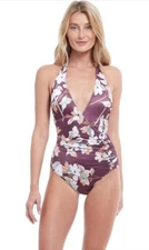 Gottex Amore Halter Deep Plunge One Piece Swimsuit Floral Mauve Size 8