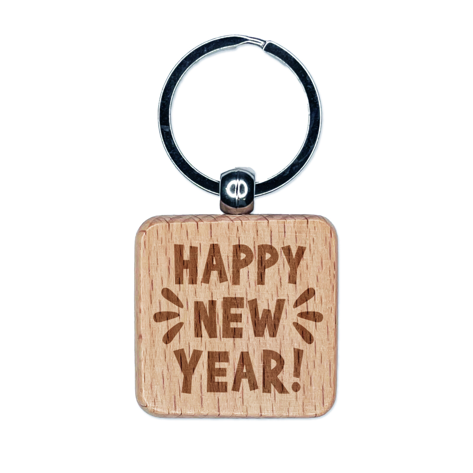 Happy New Year Engraved Wood Square Keychain Tag Charm