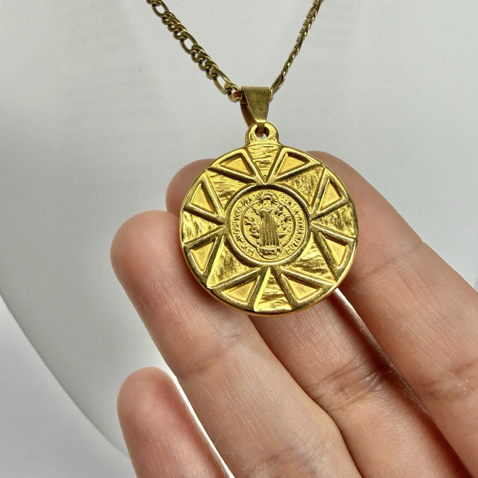 St. Benedict Medal Protection Pendant Gold Tone Vintage Necklace Jewelry N494