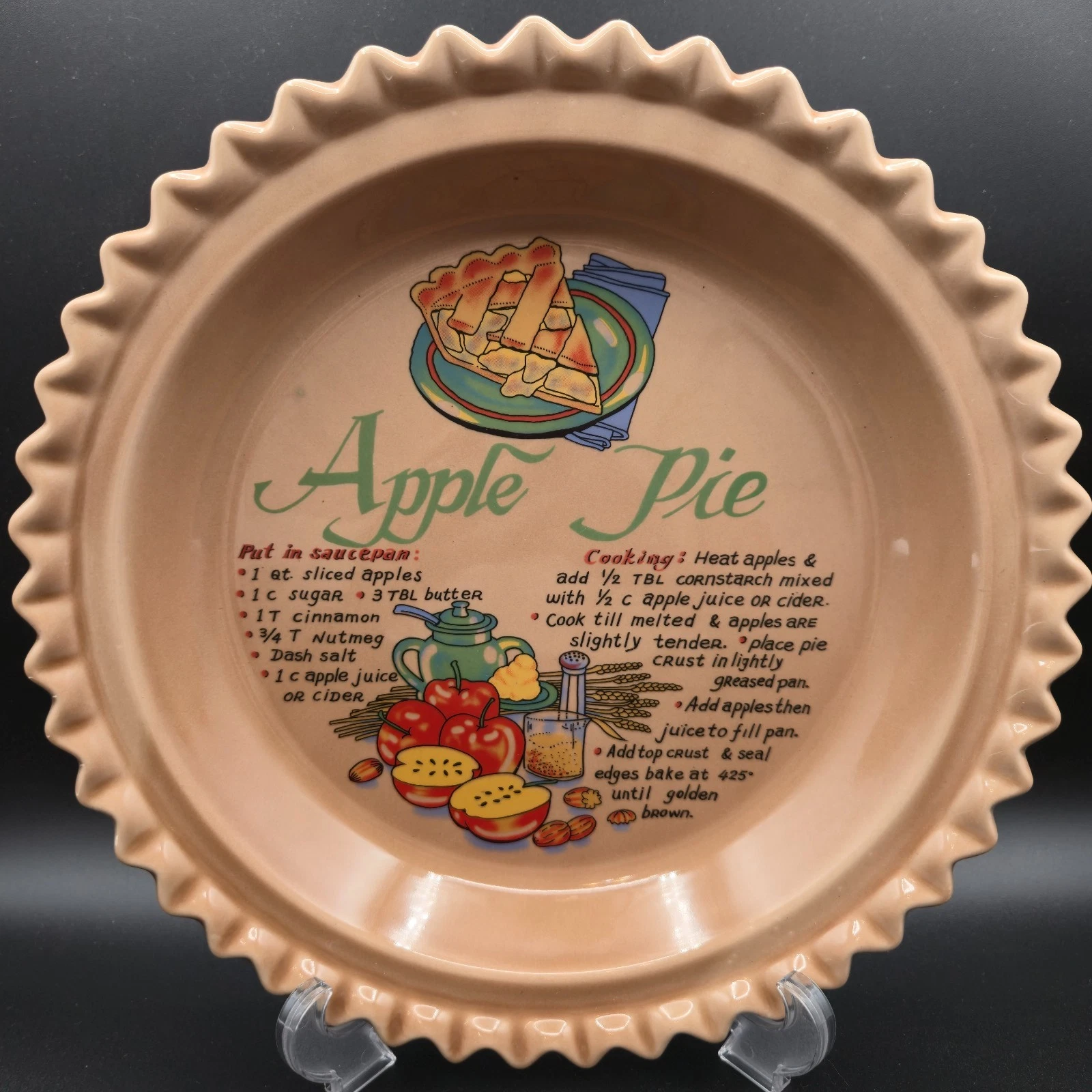 UNIVERSAL TRUMPS Apple Pie Ceramic Pie Plate/Lid Fluted Edge Recipe 11n VNTG