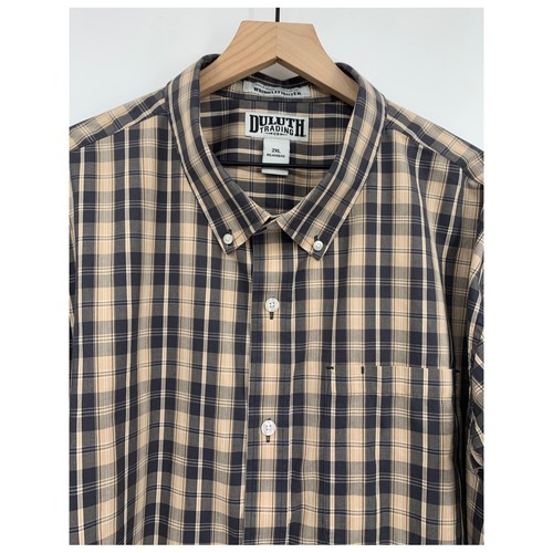 Duluth Trading Co Shirt Mens 2XL Tan Plaid Wrinklefighter Relaxed Fit Button