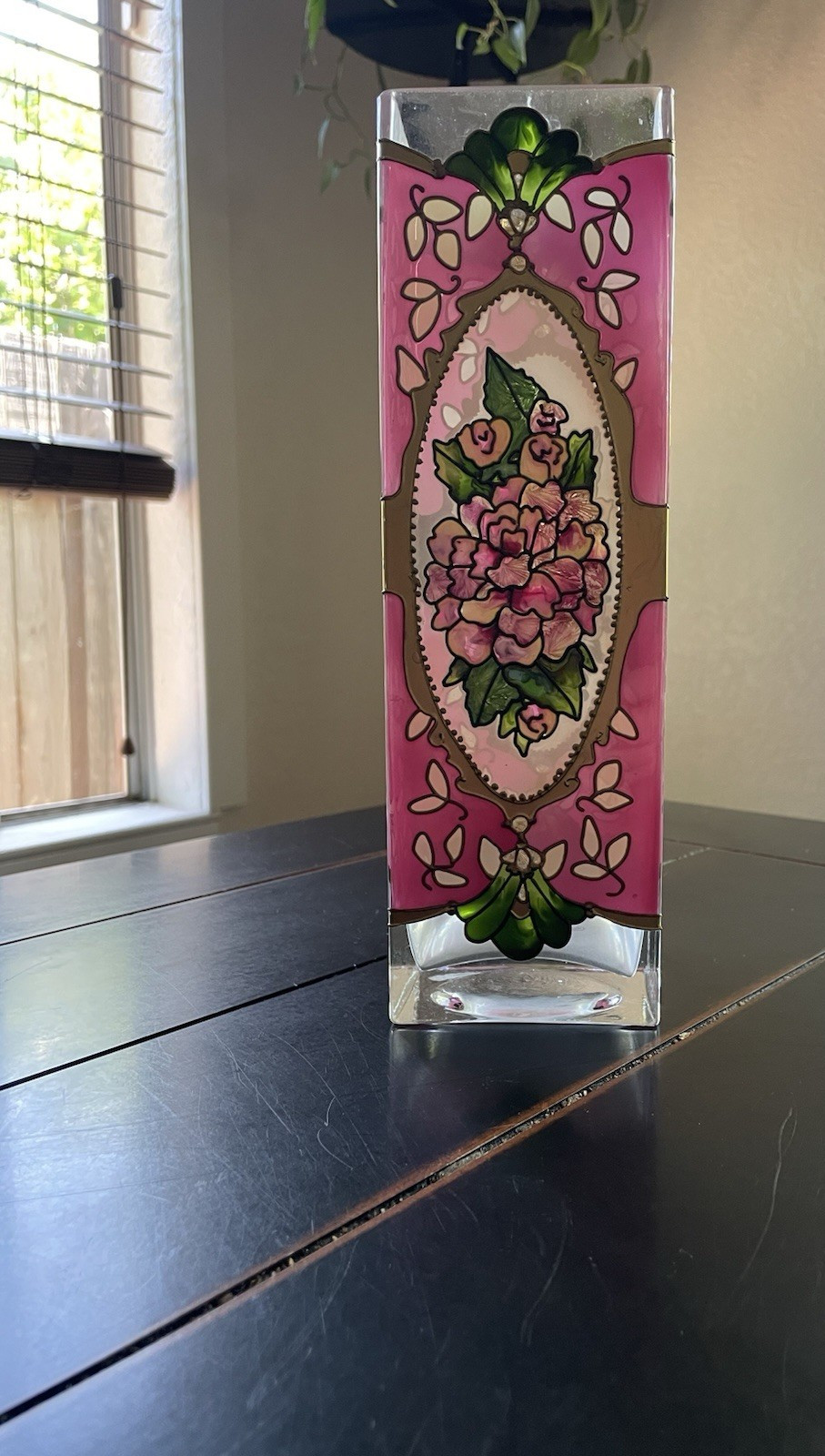 Joan Baker Designs Hand Painted Floral Glass Vase Pink Green Blue Gold Glossy