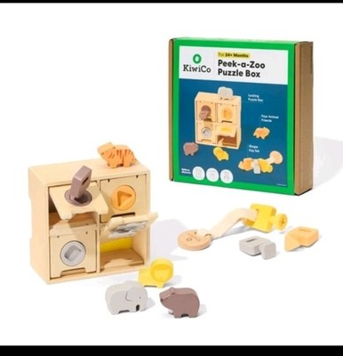 KiwiCo Peek-a-Zoo Puzzle Box 10pc Wooden Activity Toy Shapes Animals 24M+ NEW