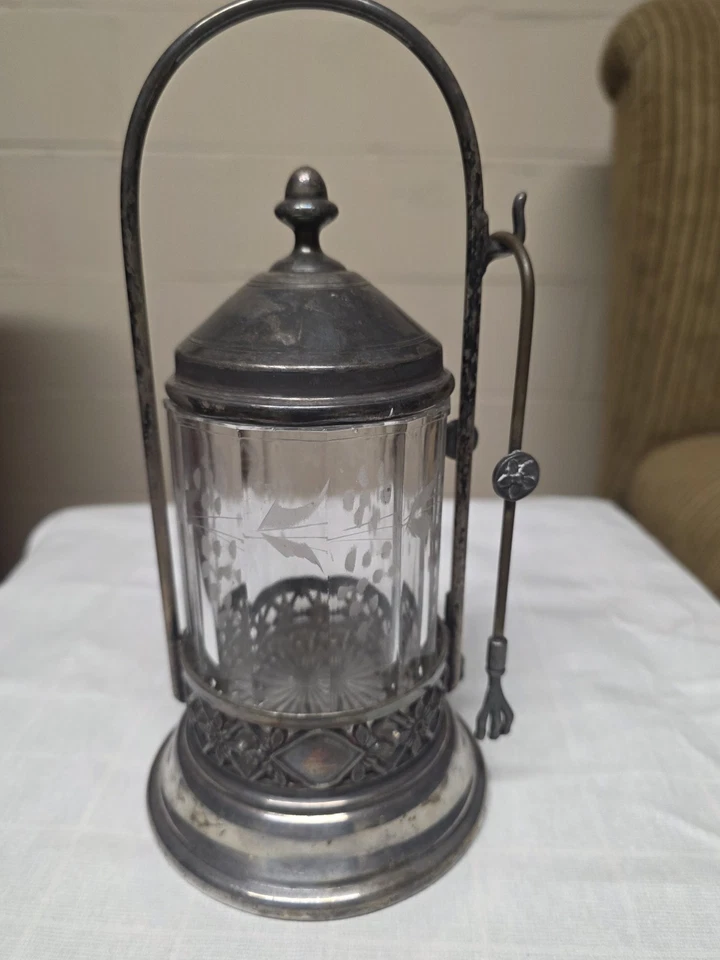 Antigua rueda victoriana plateada encurtida con tarro de vidrio grabado y pinzas  Foto 3 de 4