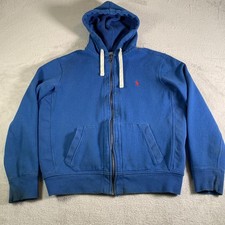 VTG Polo Ralph Lauren Hoodie Mens L Blue Full Zip Fleece Sweatshirt Pony Logo