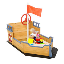 Kids Wooden Sandbox Childrens Pirate Ship Sand Pit Bench Seat Storage Space