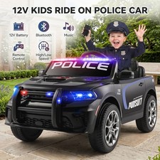 12V Kids Electric Ride On Police Car 2 Speed, LED Lights, Music, Horn, RC