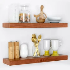 Solid Oak Floating Shelves 24in, Set of 2 Honey Oak Wood Wall Shelf w/ Brackets