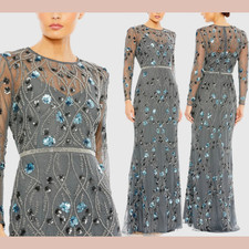 NWT Mac Duggal [ 4 ] 93772 Floral Embellished Long Sleeve Gown in Charcoal S1855