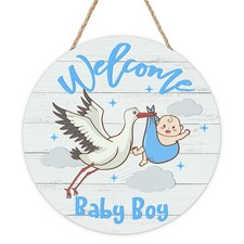 Welcome Baby Boy Front Door Sign, It is a Boy Gender Reveal Stork Wood Hanger...