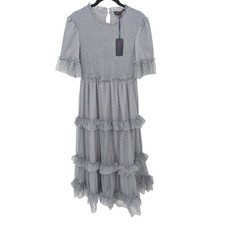 Deauville Mesh Dress Womens Small Gray Smocked Swiss Dot Tiered Midi Ethereal