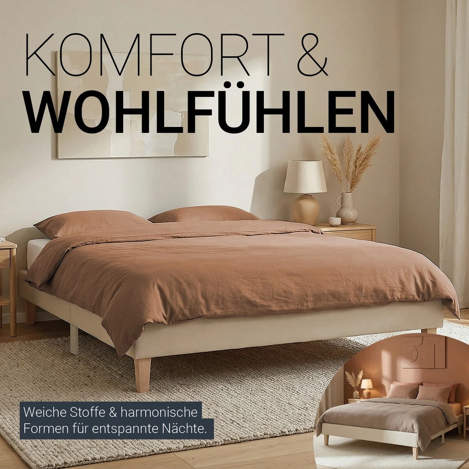 Lit rembourré 140x200 cm Beige avec sommier Lit double moderne tissu Homestyle4u - Photo 4/4