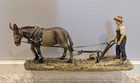 Farmer with Mule Pulling Plow Field Farm Resin Figurine Folk Art *READ