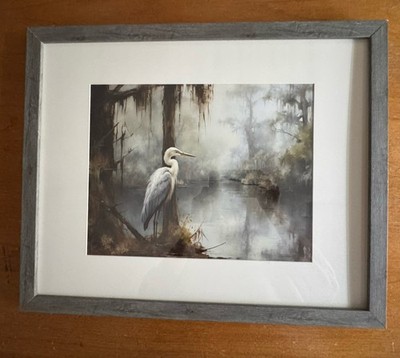 FRAMED & MATTED PRINT OF A BLUE HERON IN A SWAMP