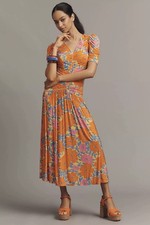 NWT Anthropologie Farm Rio Short-Sleeve V-Neck Ruched Midi Dress size Medium