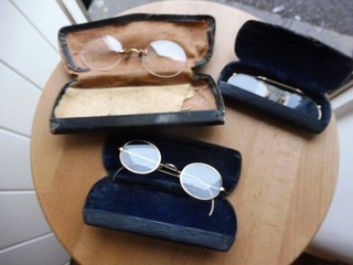 3 pairs of vintage spectacles and pinz nez eyewear in cases
