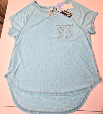 NWT Womens Sz Large Seven7 Lt Blue T- Shirt Rhinestone Pocket Short Sleeve