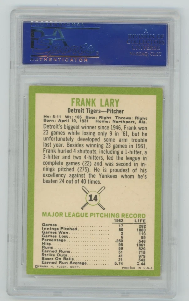 Frank Lary 1963 Fleer PSA/DNA Certified Auto #14 - Image 2 of 2