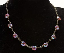 Vintage Aurora Borealis Choker Necklace Pink Prong Set Stones 14" in Length