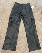 Black Faux Leather Medium Cargo Pants, Heartloom, Polyester/ Polyurethane, NWT