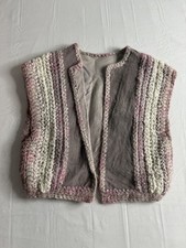 Vintage 70  s Boho Patchwork Suede Crochet Wool Knit Vest Size Medium Pink Gray