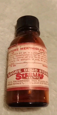 VTG Tincture Merthiolate Brown  Glass Bottle Eli Lilly Paper Drug Store Label 