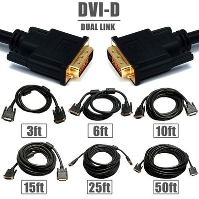3FT 6FT 10FT 15FT 25FT 50FT DVI-D Dual Link Male to Male Monitor Cable Cord Gold
